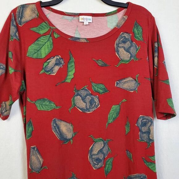 LuLaRoe Women’s Julia Dress XL Red Green Blue Abstract Fruit Leaf Print Stretchy - Picture 2 of 6